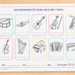 Fitxa per escriure el nom d'instruments musicals i pintar-los per a 1r i 2n de Primària en català.