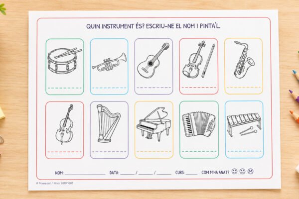 Fitxa per escriure el nom d'instruments musicals i pintar-los per a 1r i 2n de Primària en català.