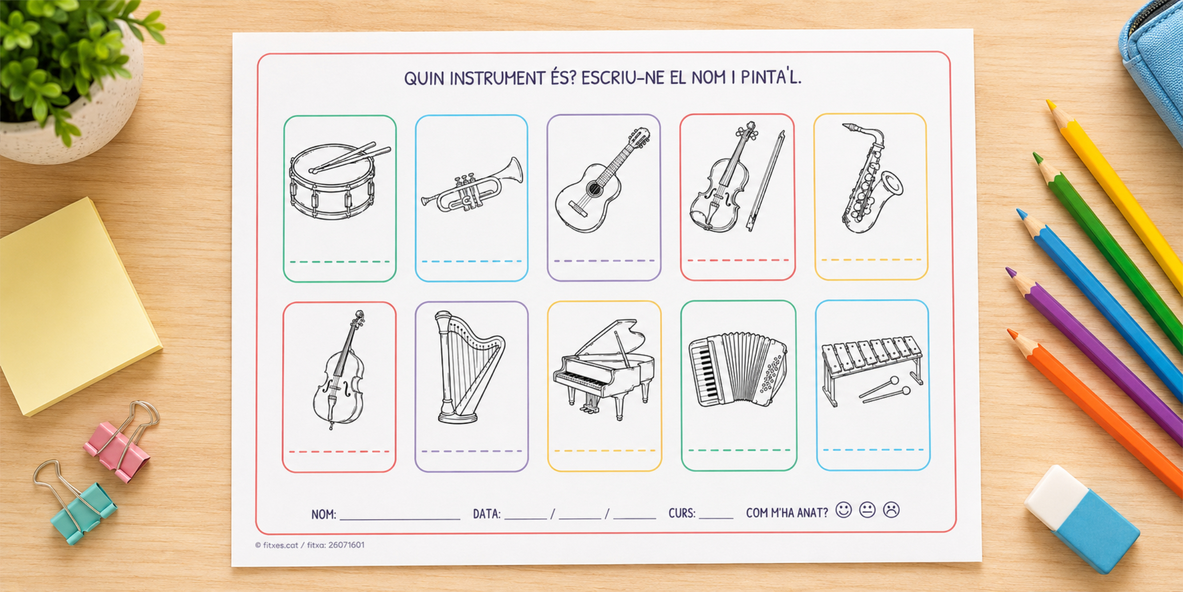 Fitxa per escriure el nom d'instruments musicals i pintar-los per a 1r i 2n de Primària en català.