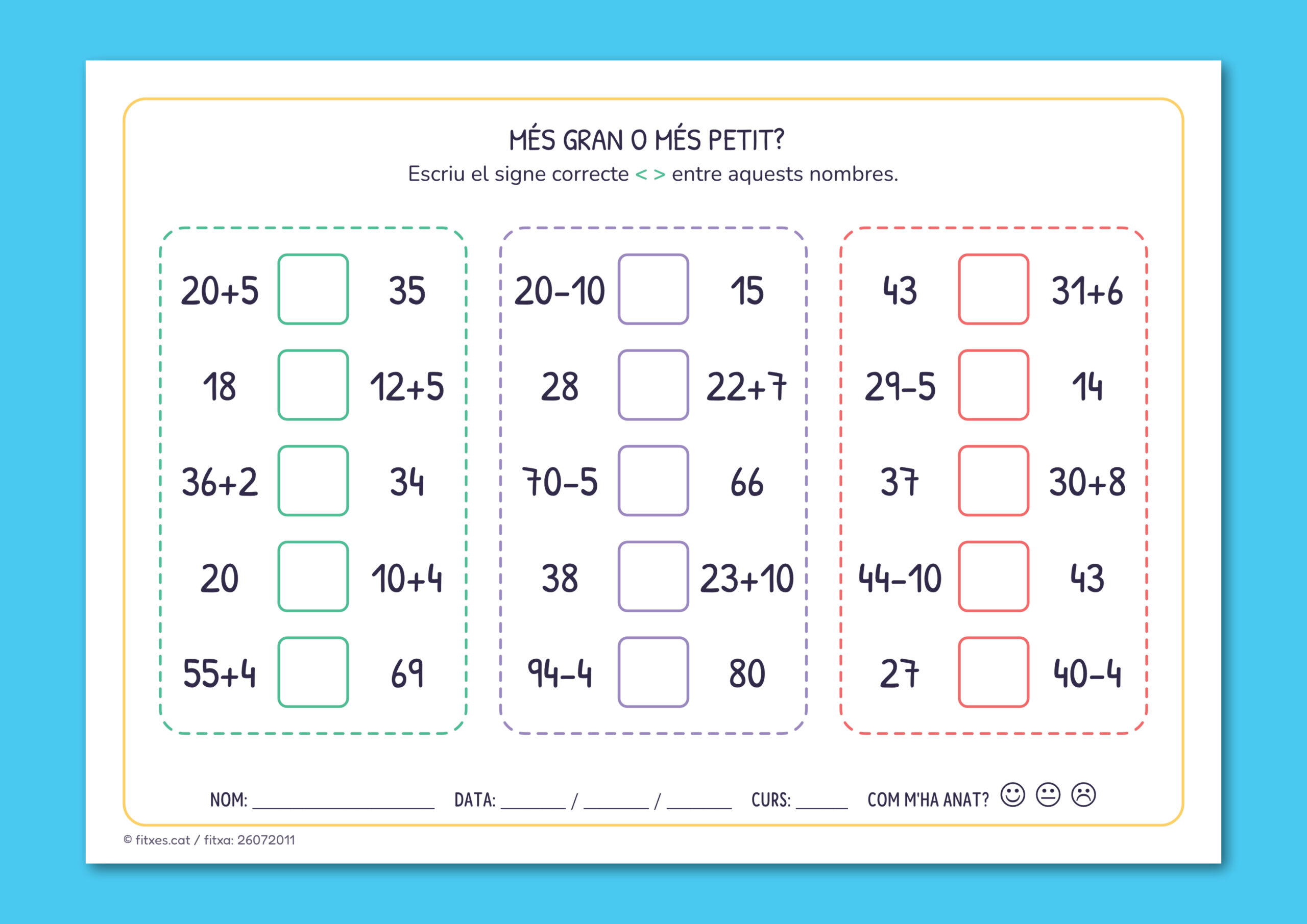 Activitat per comparar nombres i escriure el signe més gran o més petit corresponent, per a 2n de Primària en català.