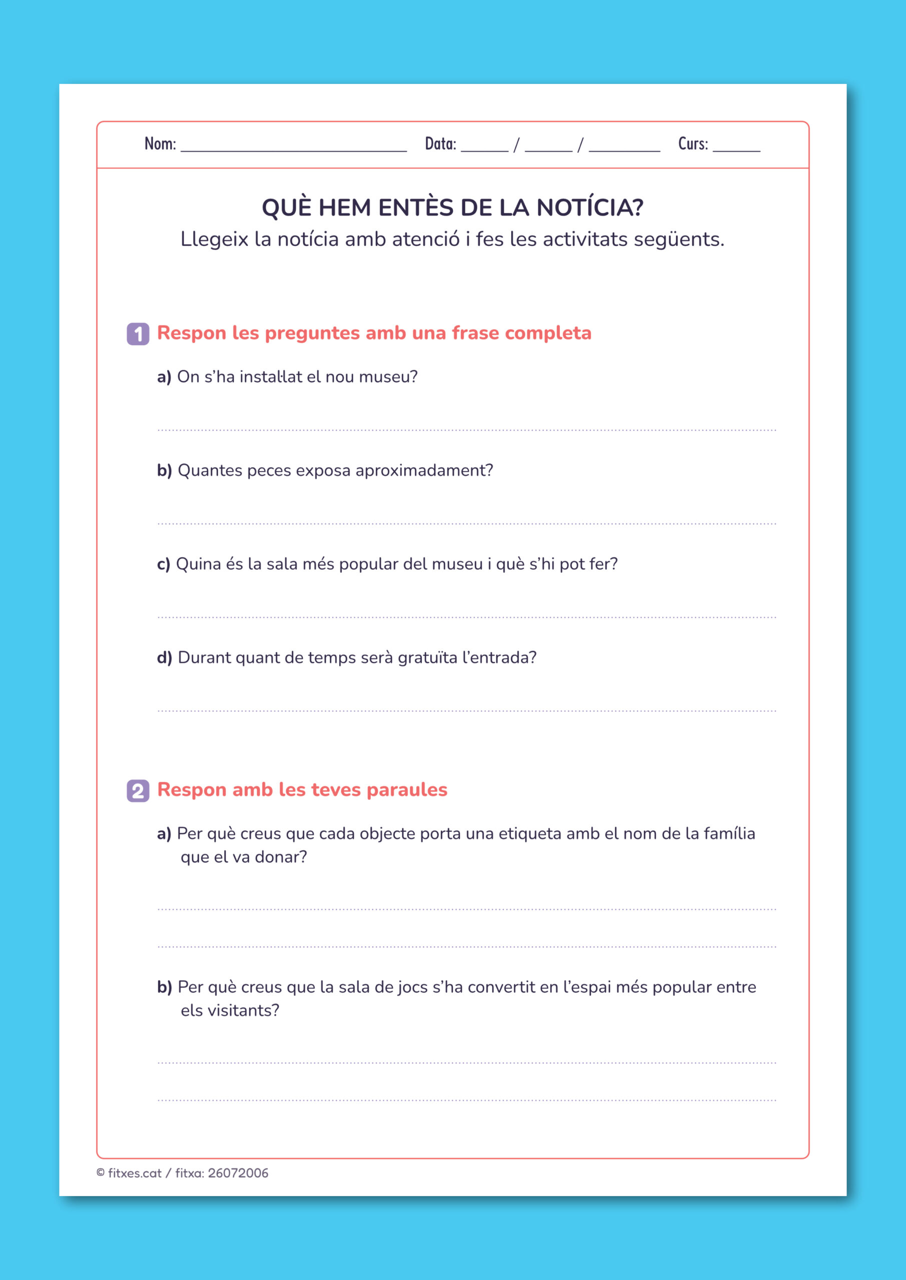 Activitat de comprensió lectora amb preguntes sobre la notícia del museu de jocs i joguines, per a 5è i 6è de Primària en català.