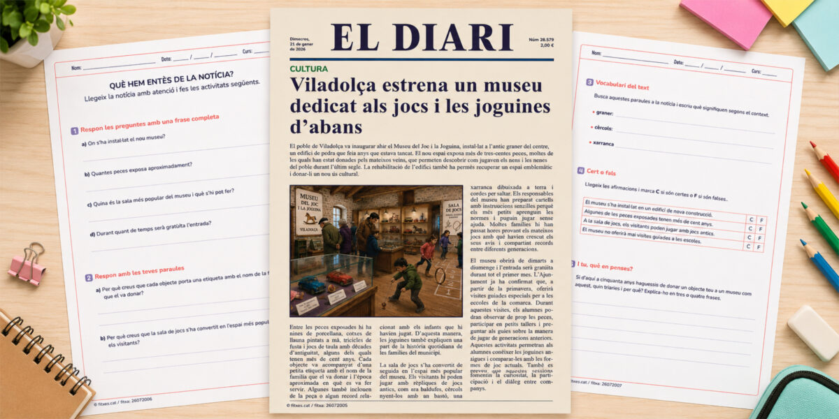 Fitxa de comprensió lectora amb una notícia sobre la inauguració d'un museu de jocs i joguines antigues, per a 5è i 6è de Primària en català.