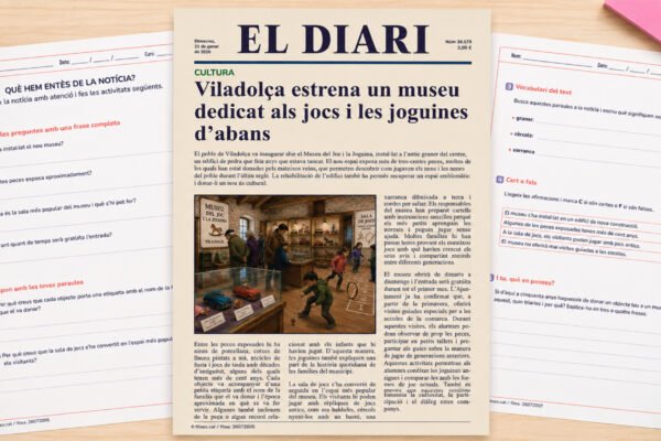 Fitxa de comprensió lectora amb una notícia sobre la inauguració d'un museu de jocs i joguines antigues, per a 5è i 6è de Primària en català.