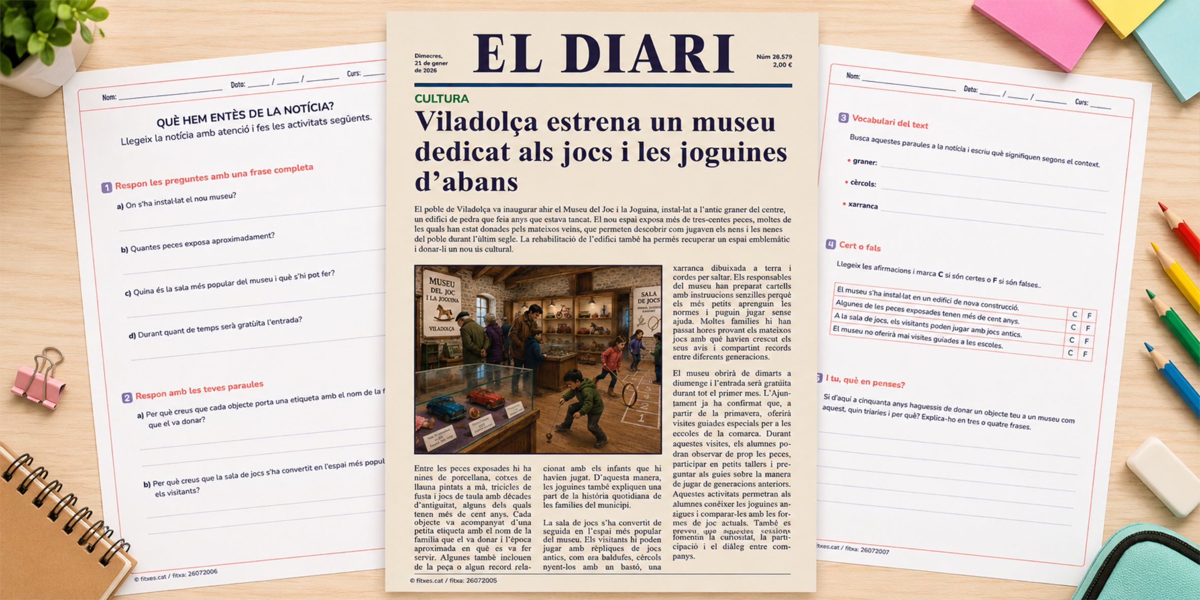 Fitxa de comprensió lectora amb una notícia sobre la inauguració d'un museu de jocs i joguines antigues, per a 5è i 6è de Primària en català.