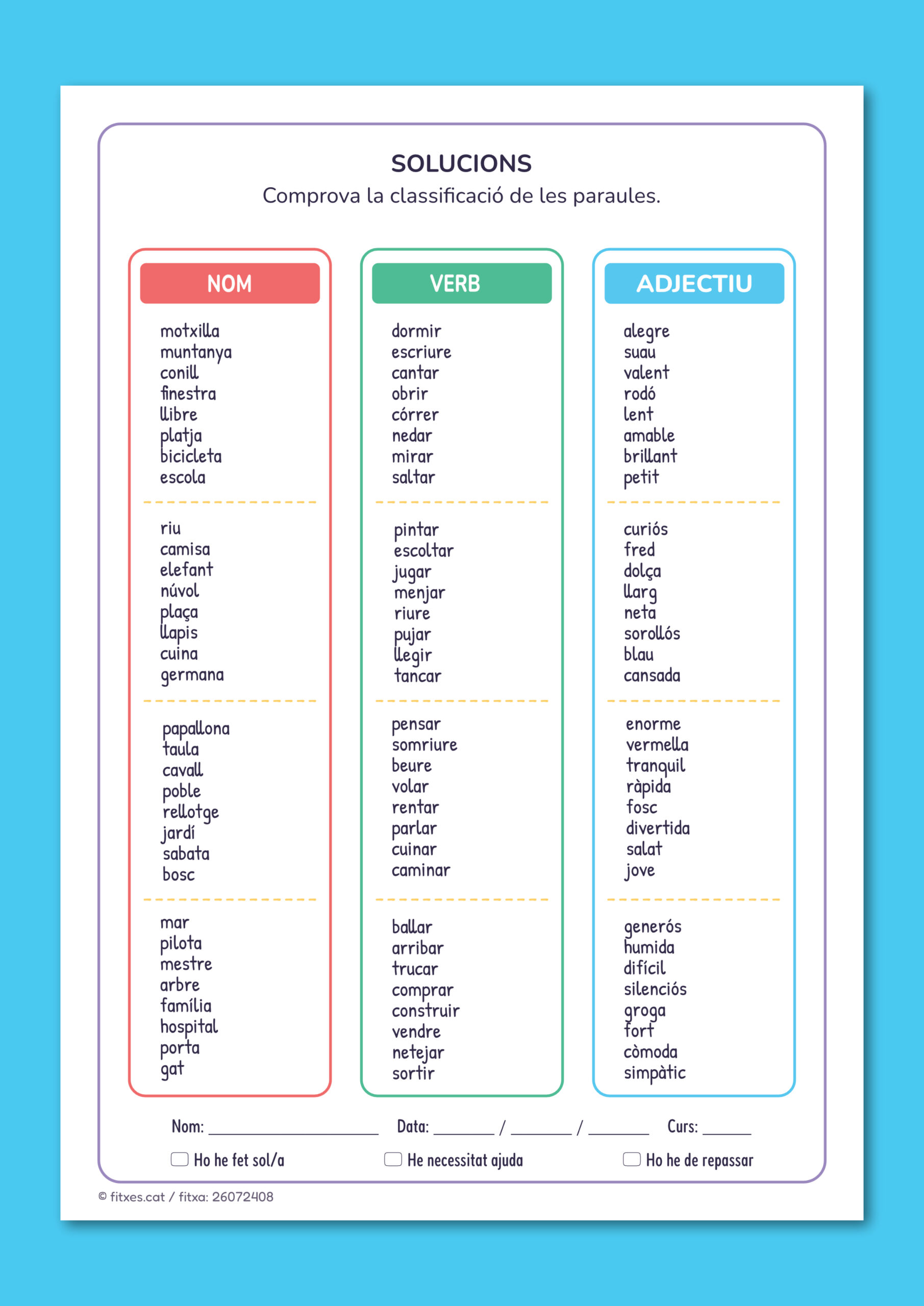 Pàgina de solucions per comprovar la classificació de noms, verbs i adjectius, per a 3r i 4t de Primària en català.