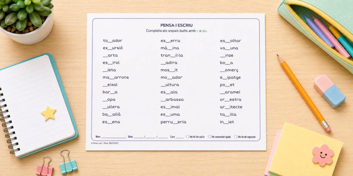 Fitxa d'ortografia per completar paraules amb c o qu per a 3r i 4t de Primària en català.