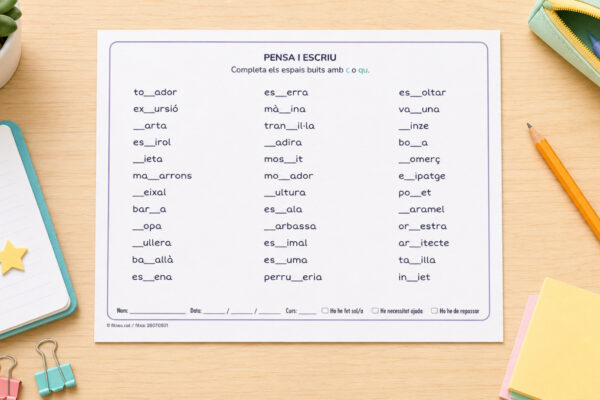 Fitxa d'ortografia per completar paraules amb c o qu per a 3r i 4t de Primària en català.