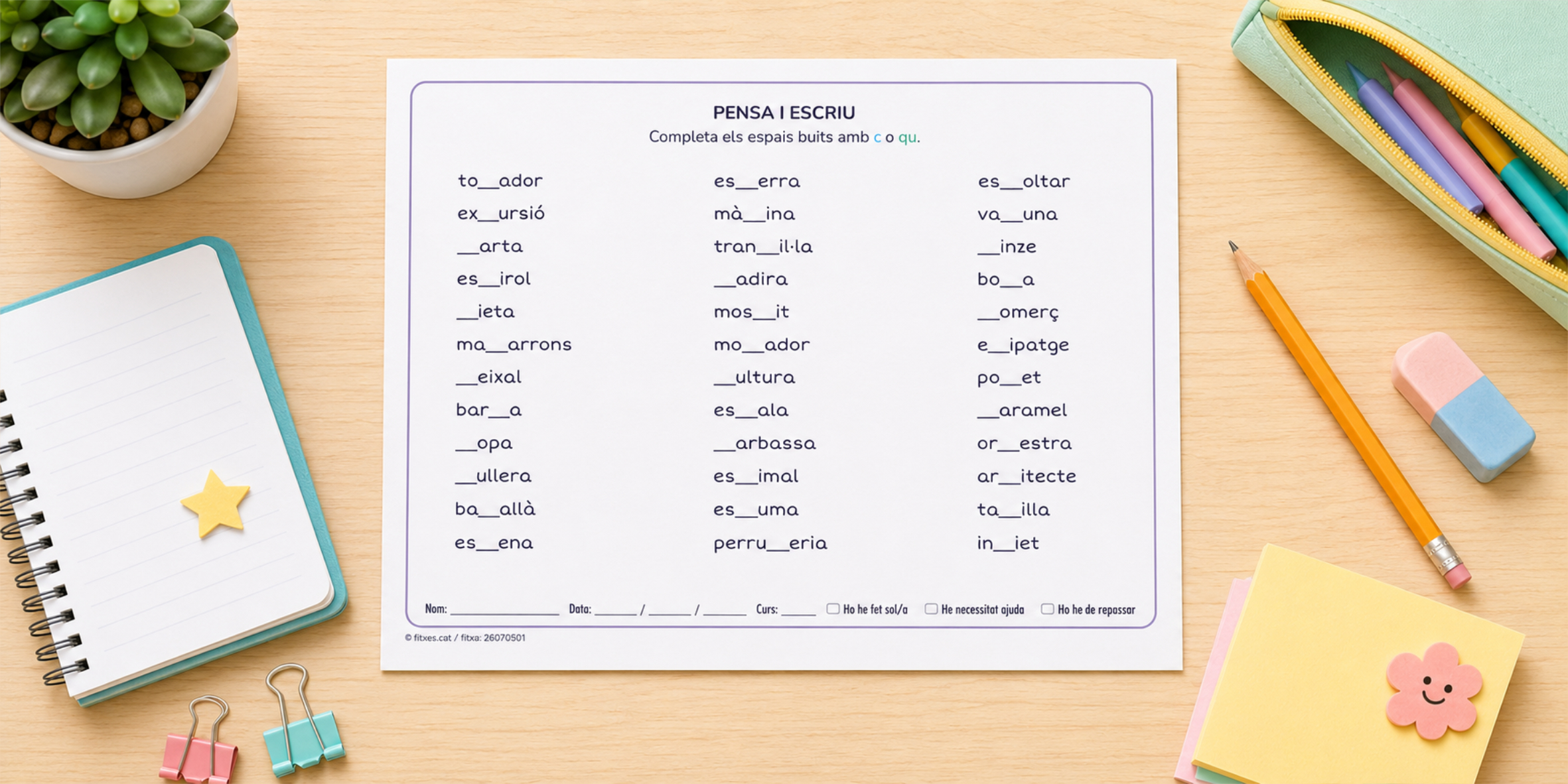 Fitxa d'ortografia per completar paraules amb c o qu per a 3r i 4t de Primària en català.