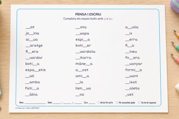 Fitxa d'ortografia per completar paraules amb g o gu per a 3r i 4t de Primària en català.