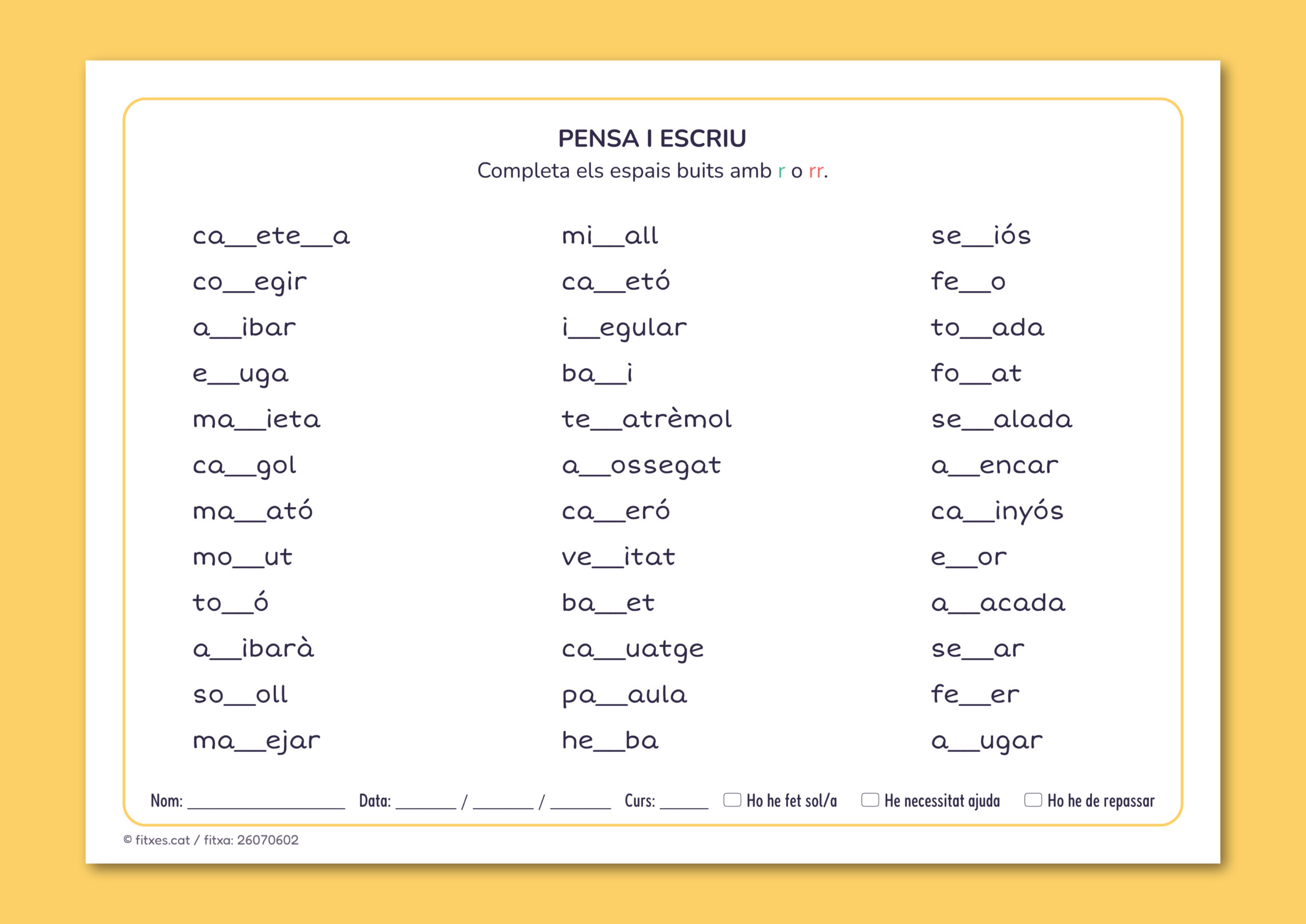 Activitat imprimible per completar paraules amb r o rr per a 3r i 4t de Primària en català.