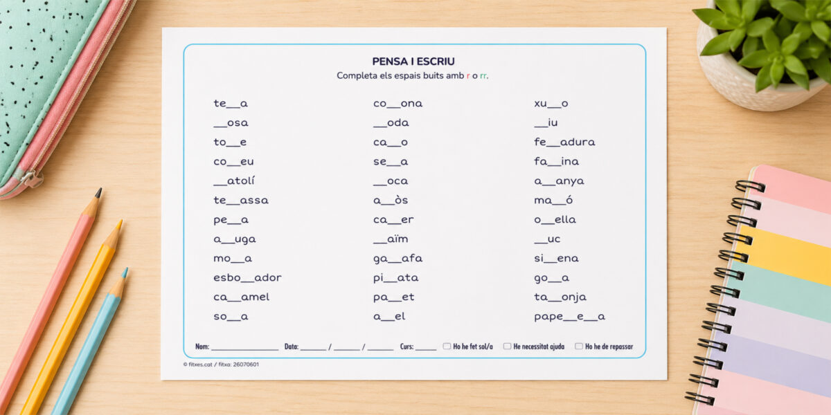 Fitxa d'ortografia per completar paraules amb r o rr per a 3r i 4t de Primària en català.