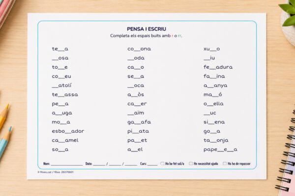 Fitxa d'ortografia per completar paraules amb r o rr per a 3r i 4t de Primària en català.