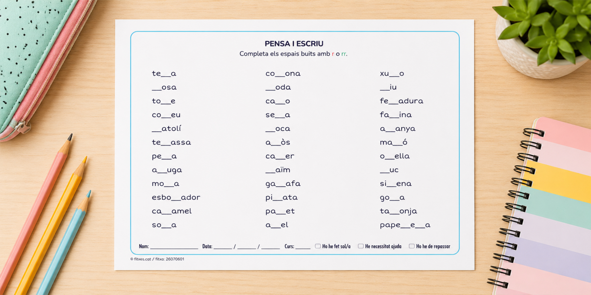 Fitxa d'ortografia per completar paraules amb r o rr per a 3r i 4t de Primària en català.