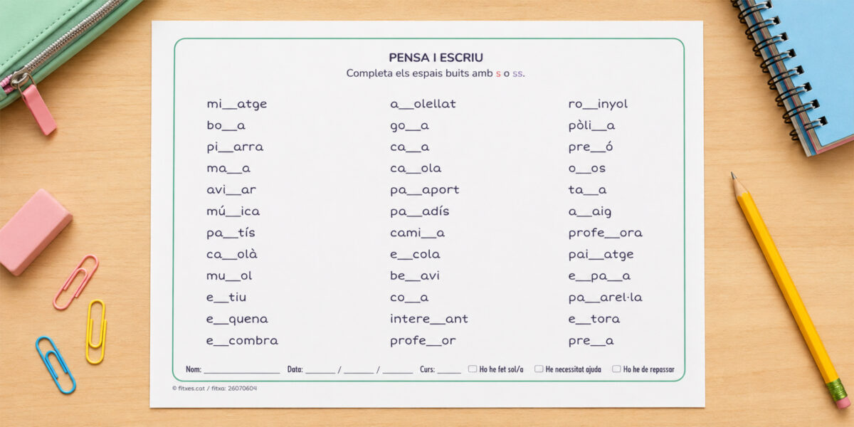Fitxa d'ortografia per completar paraules amb s o ss per a 3r i 4t de Primària en català.