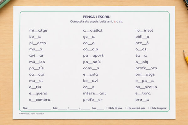 Fitxa d'ortografia per completar paraules amb s o ss per a 3r i 4t de Primària en català.