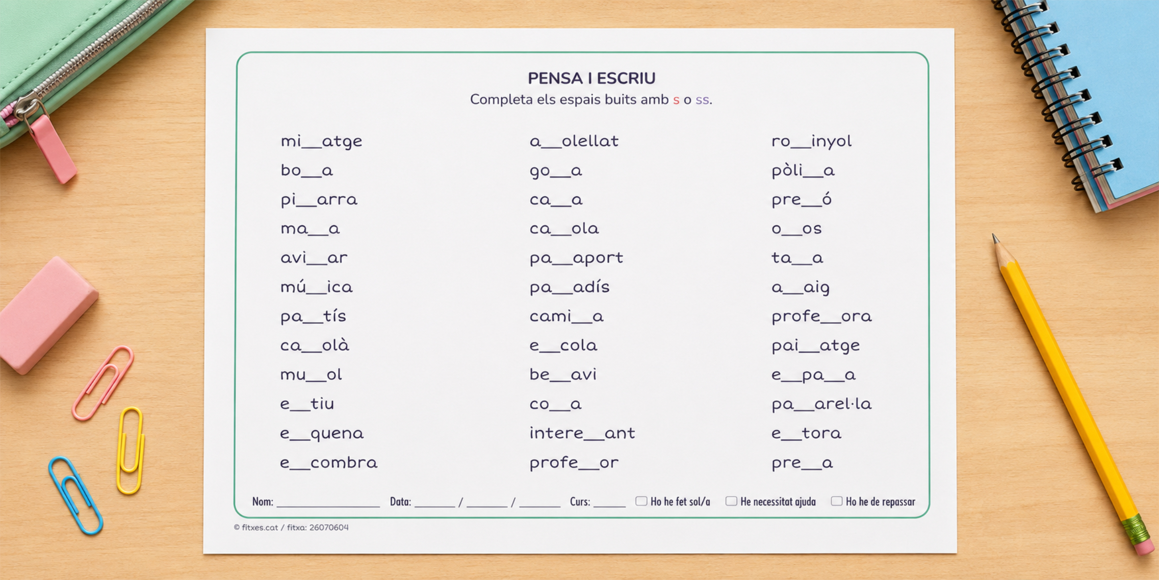 Fitxa d'ortografia per completar paraules amb s o ss per a 3r i 4t de Primària en català.