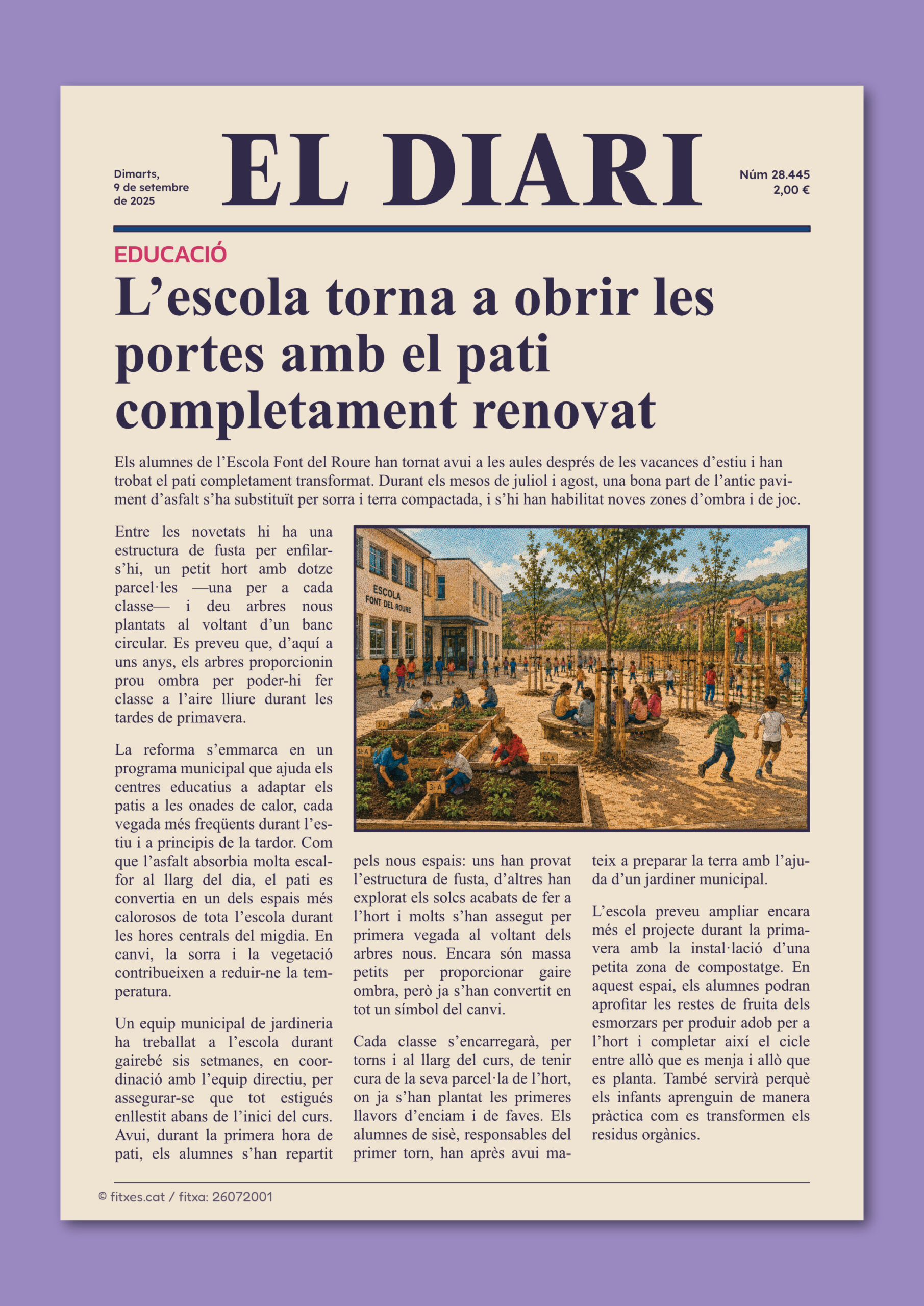 Notícia sobre una escola que reobre amb el pati completament renovat, per treballar la comprensió lectora a 5è i 6è de Primària.