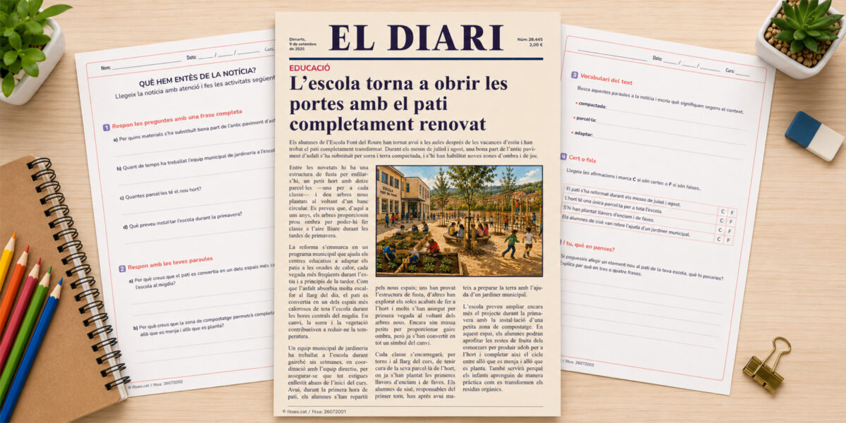 Fitxa de comprensió lectora amb una notícia sobre la renovació del pati d'una escola, per a 5è i 6è de Primària en català.