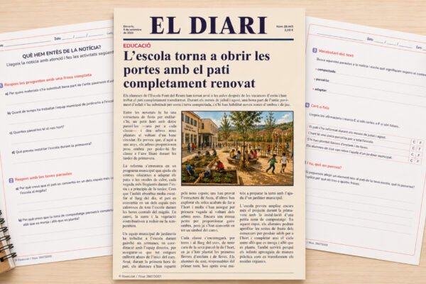 Fitxa de comprensió lectora amb una notícia sobre la renovació del pati d'una escola, per a 5è i 6è de Primària en català.