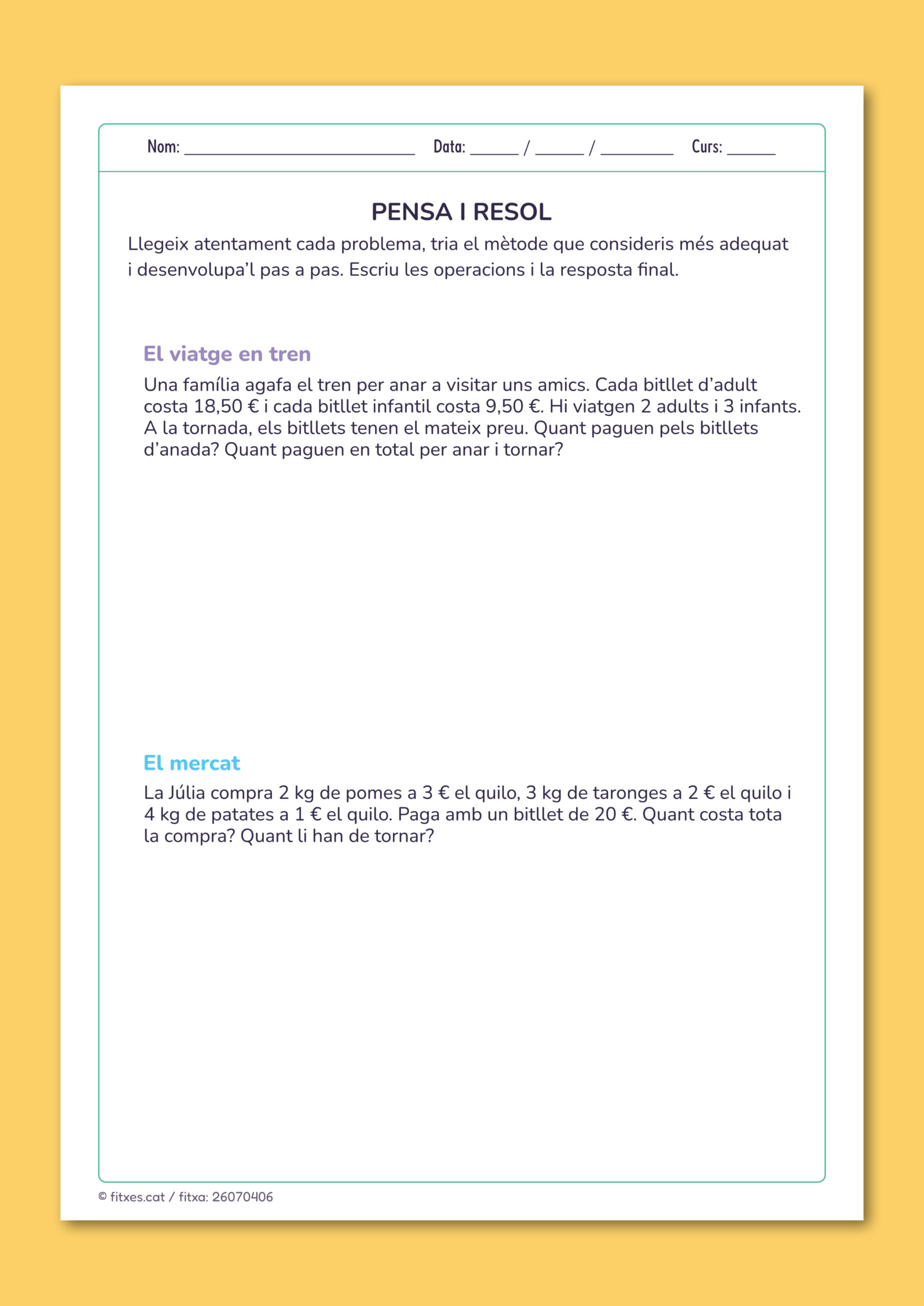 Activitat imprimible de problemes matemàtics de diversos passos per a 5è i 6è de Primària en català.