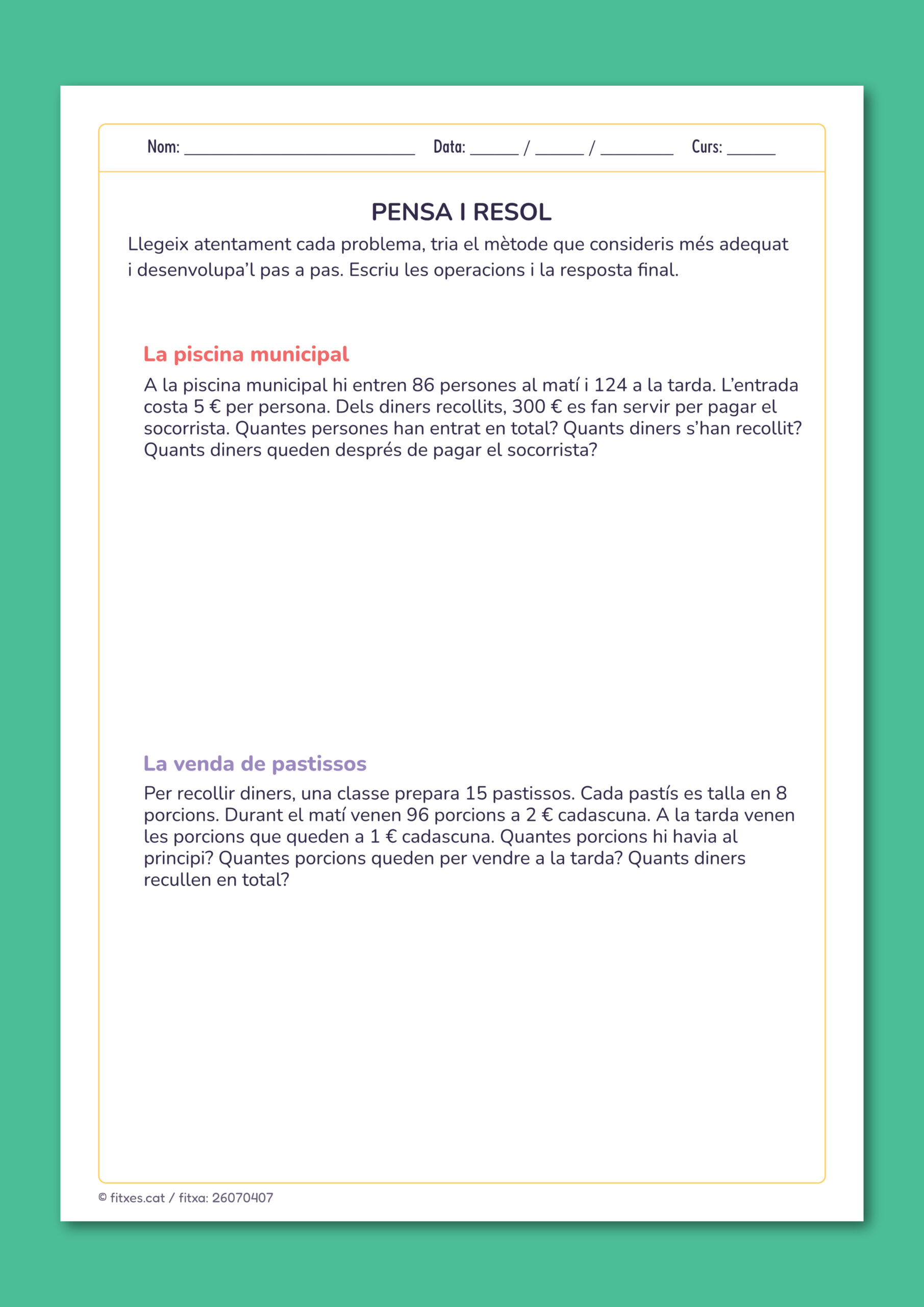 Activitat imprimible de problemes matemàtics de diversos passos per a 5è i 6è de Primària en català.