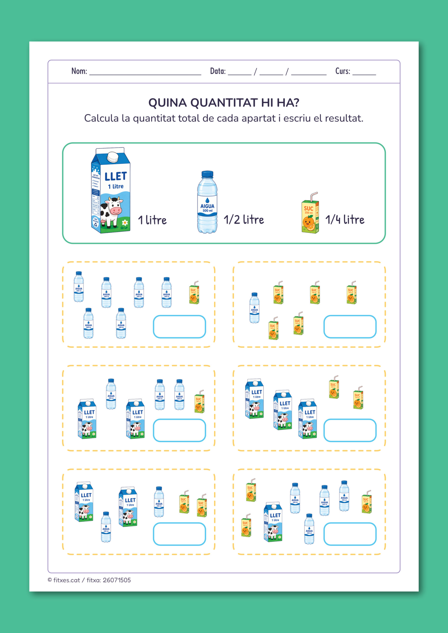 Activitat imprimible per calcular quantitats en litres amb decimals per a 5è de Primària en català.