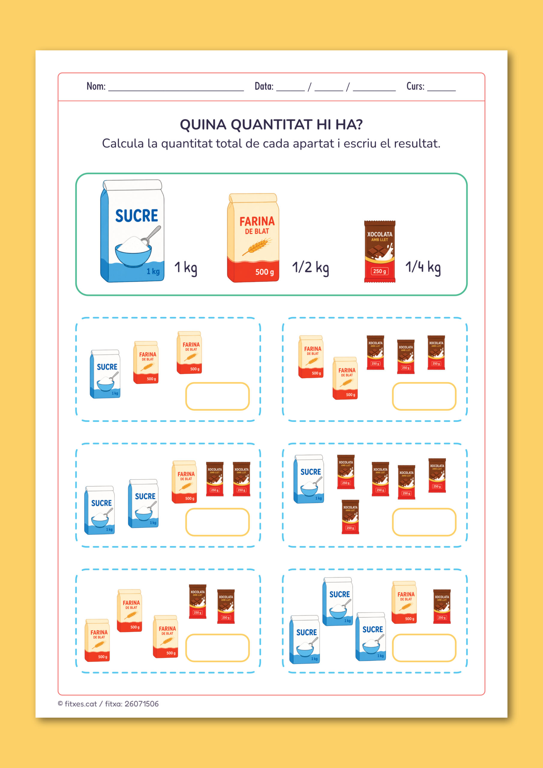Activitat imprimible per calcular quantitats en kg amb decimals per a 5è de Primària en català.