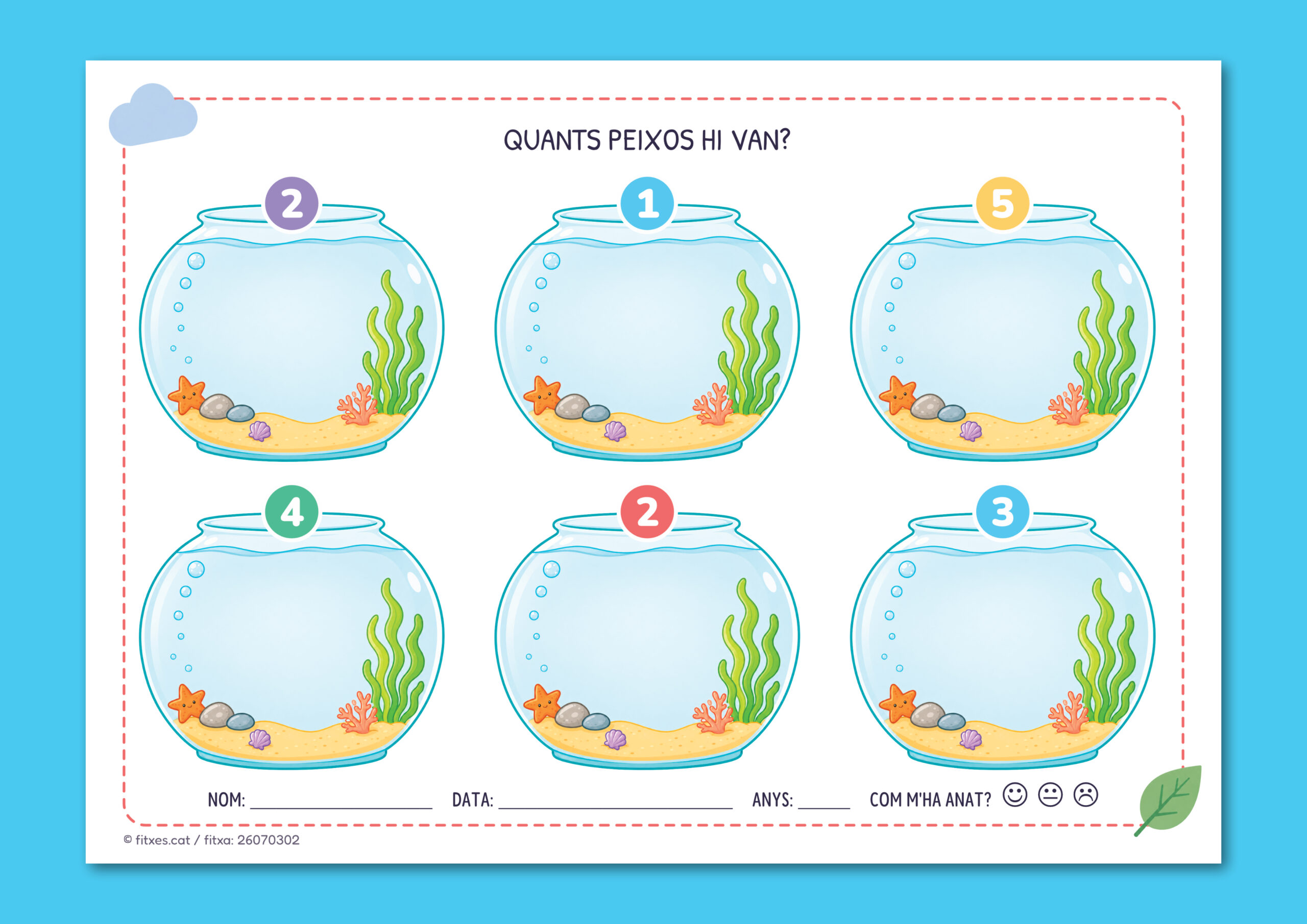 Activitat imprimible per retallar i enganxar peixos a la peixera segons el número per a Infantil en català.