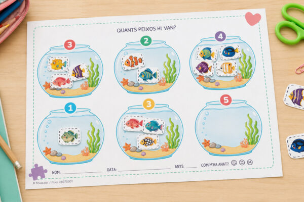 Fitxa per retallar i enganxar peixos a la peixera segons el número per a Educació Infantil en català.