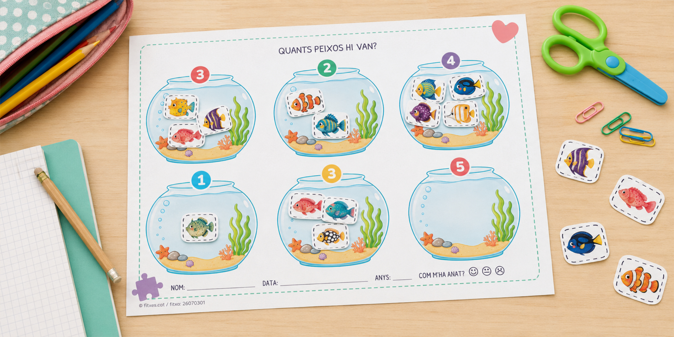 Fitxa per retallar i enganxar peixos a la peixera segons el número per a Educació Infantil en català.