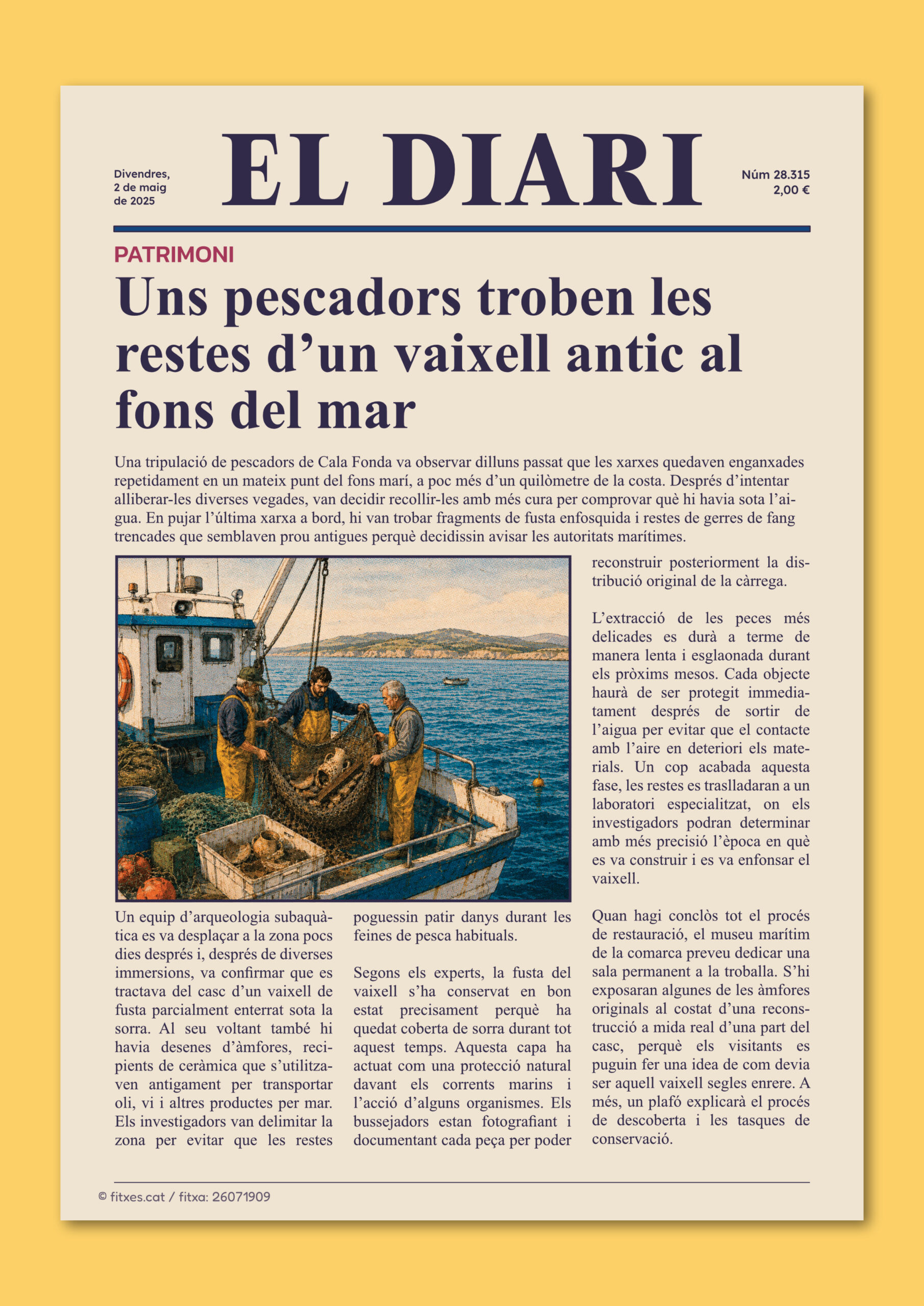 Notícia sobre uns pescadors que troben les restes d'un vaixell antic al fons del mar, per treballar la comprensió lectora a 5è i 6è de Primària.