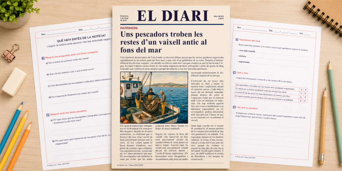 Fitxa de comprensió lectora amb una notícia sobre la troballa d'un vaixell antic al fons del mar, per a 5è i 6è de Primària en català.