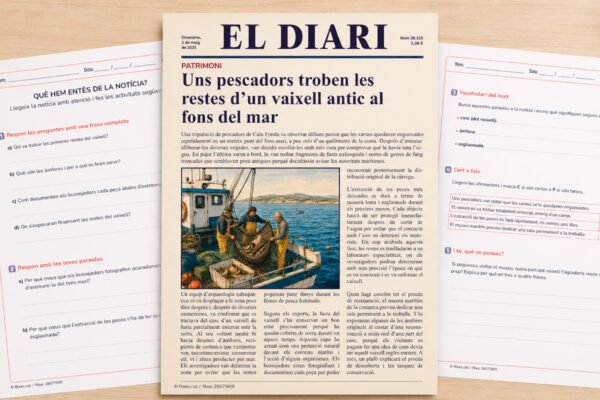 Fitxa de comprensió lectora amb una notícia sobre la troballa d'un vaixell antic al fons del mar, per a 5è i 6è de Primària en català.