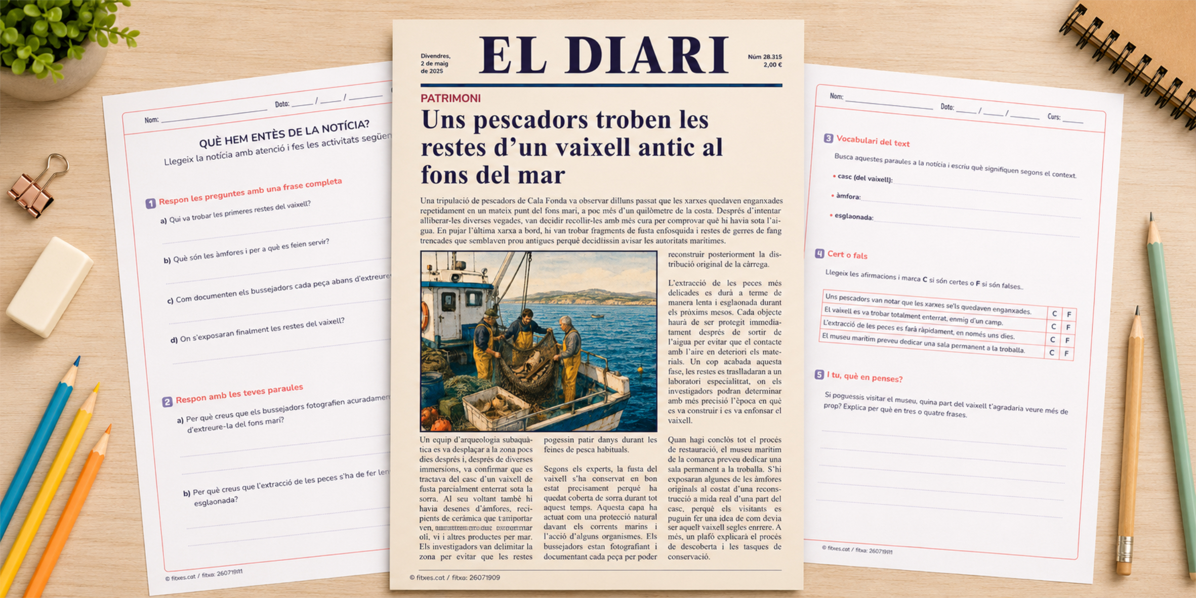 Fitxa de comprensió lectora amb una notícia sobre la troballa d'un vaixell antic al fons del mar, per a 5è i 6è de Primària en català.