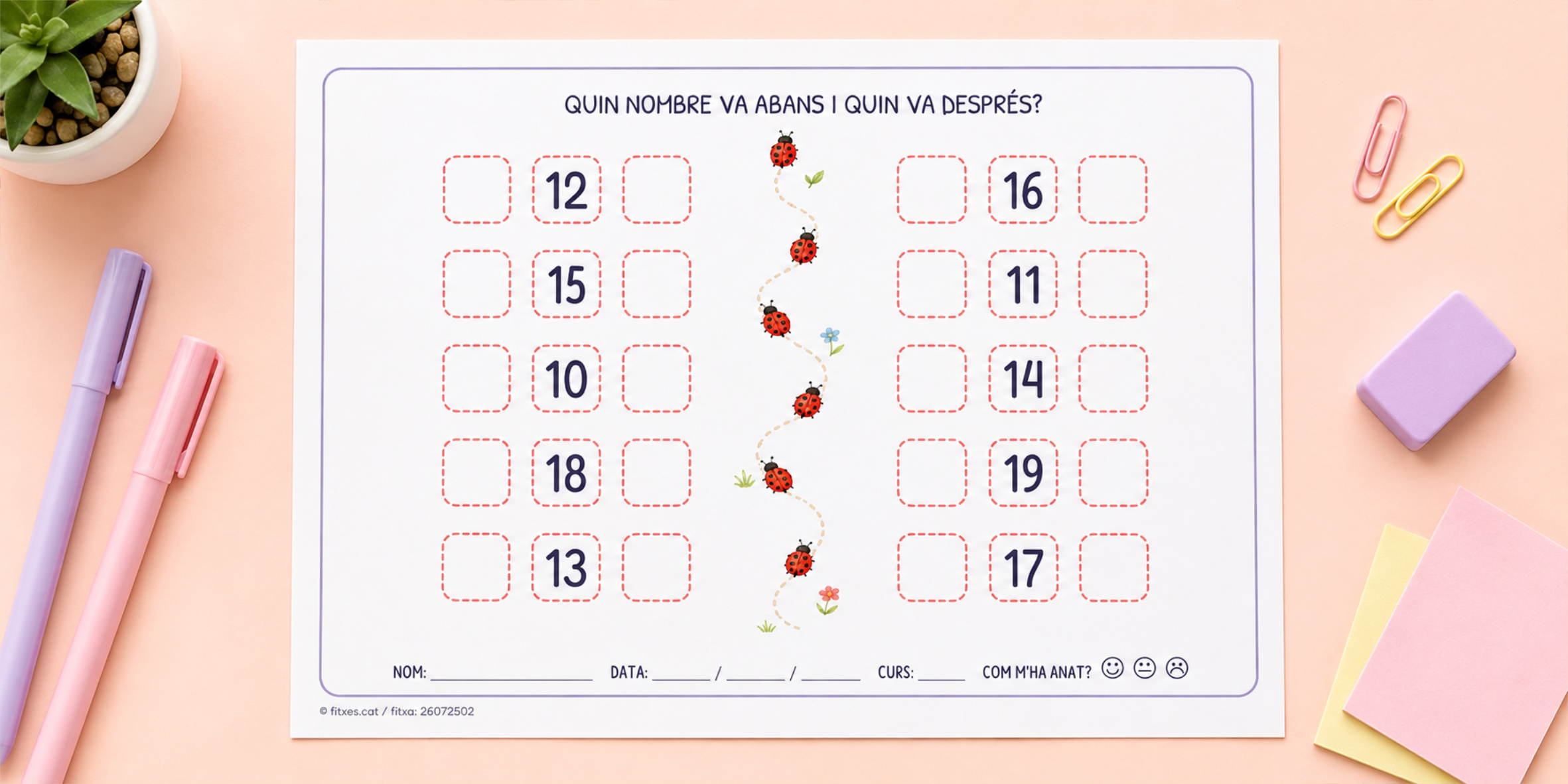 Fitxa per escriure quin nombre va abans i quin va després, de l'1 al 20, per a 1r de Primària en català.