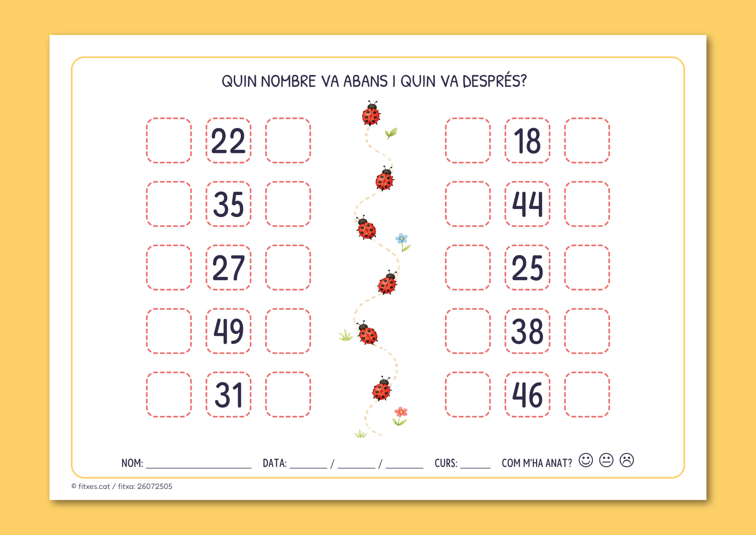 Activitat de sèries numèriques per completar el nombre anterior i posterior a cada xifra de dues xifres, per a 2n de Primària en català.