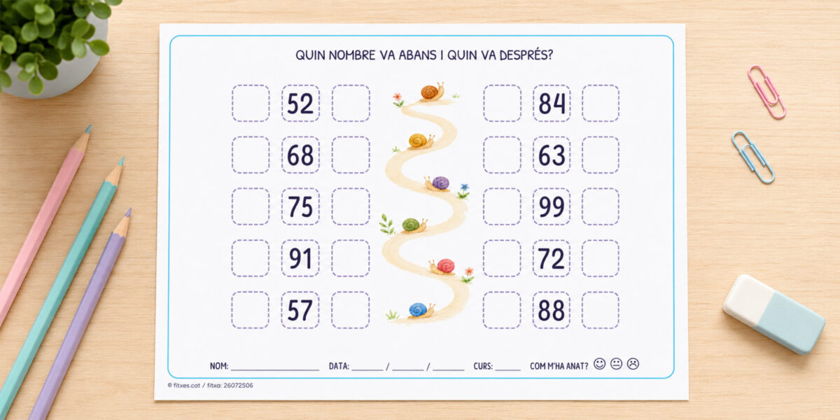 Fitxa per escriure quin nombre va abans i quin va després, de l'1 al 100, per a 2n de Primària en català.