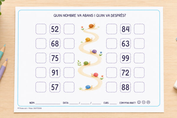 Fitxa per escriure quin nombre va abans i quin va després, de l'1 al 100, per a 2n de Primària en català.