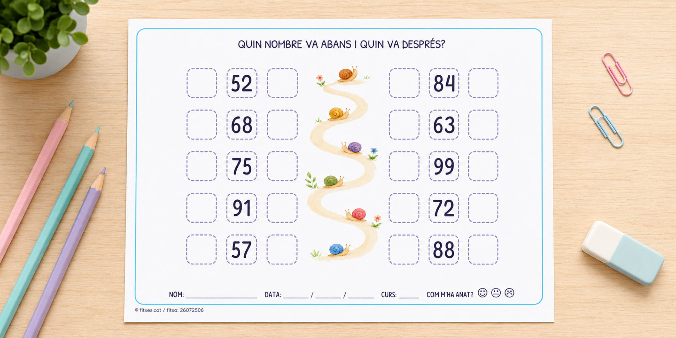Fitxa per escriure quin nombre va abans i quin va després, de l'1 al 100, per a 2n de Primària en català.
