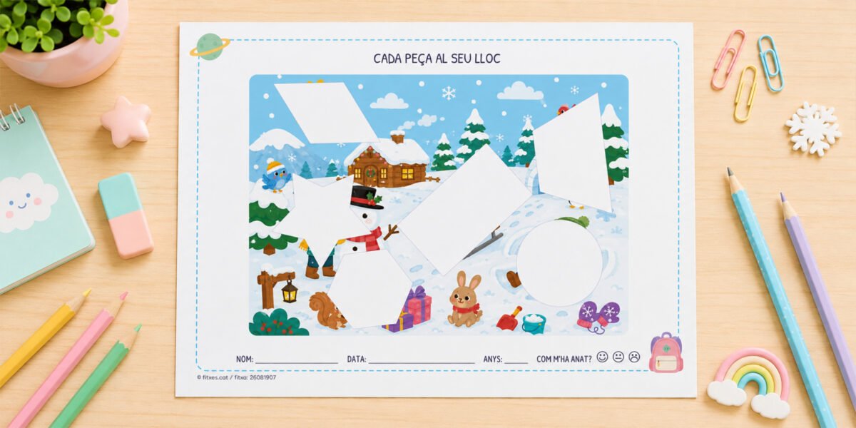 Fitxa de retallar i encaixar figures geomètriques amb un dibuix d'un dia a la neu, per a I3, I4 i I5 en català.