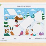 Fitxa de retallar i encaixar figures geomètriques amb un dibuix d'un dia a la neu, per a I3, I4 i I5 en català.