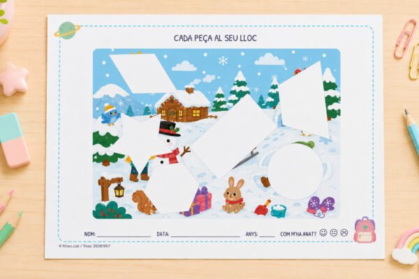 Fitxa de retallar i encaixar figures geomètriques amb un dibuix d'un dia a la neu, per a I3, I4 i I5 en català.
