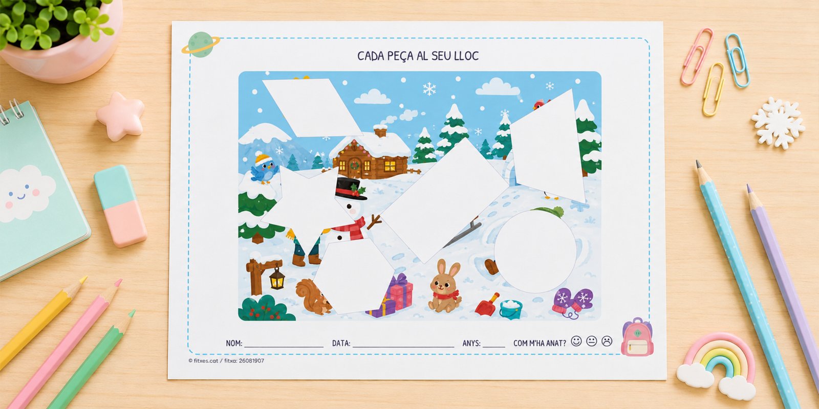 Fitxa de retallar i encaixar figures geomètriques amb un dibuix d'un dia a la neu, per a I3, I4 i I5 en català.