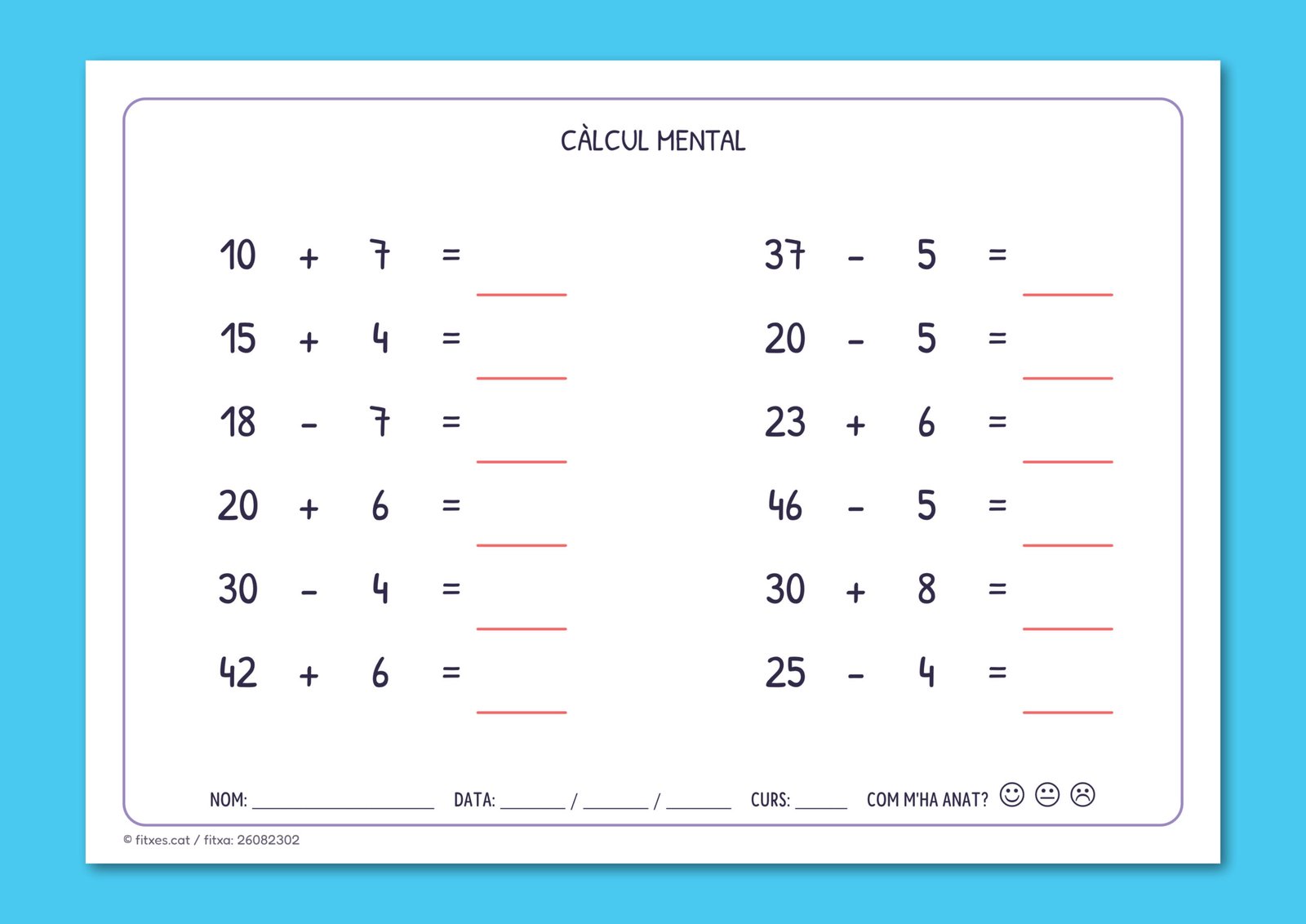 Activitat de càlcul mental amb operacions de sumar i restar per resoldre de cap, per a 2n de Primària en català.