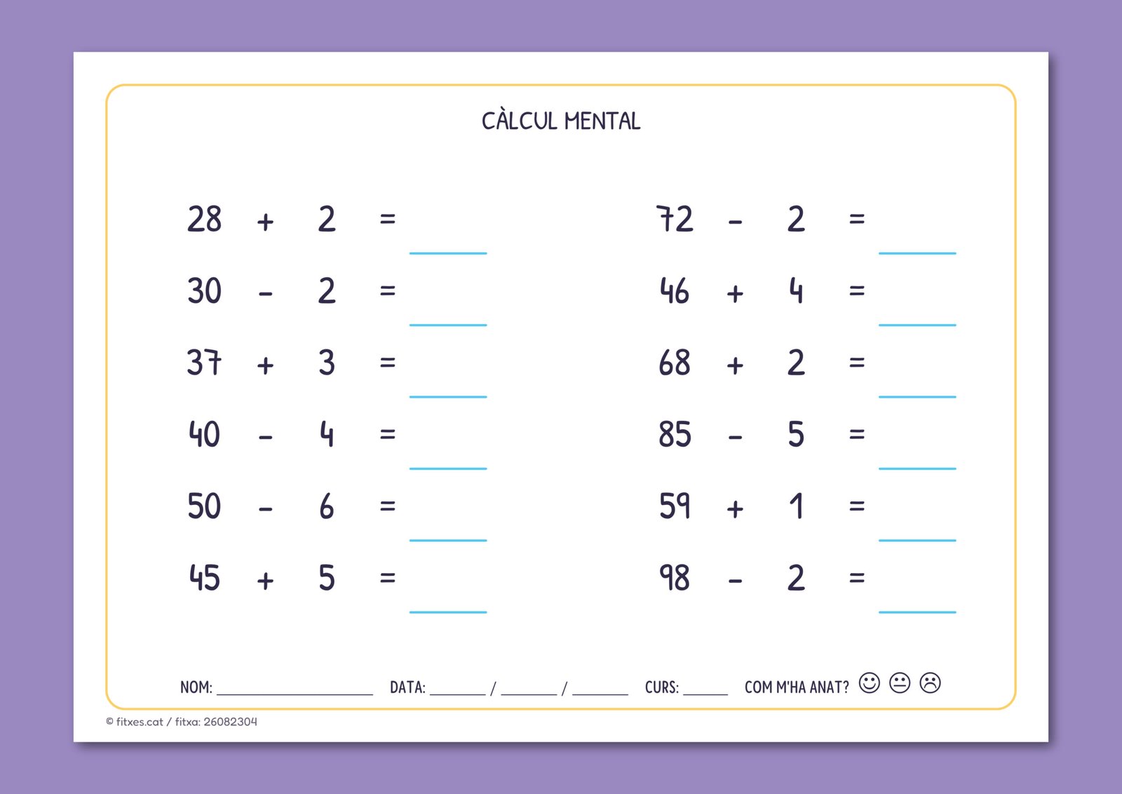 Fitxa de càlcul mental amb operacions de desenes senceres, per a 2n de Primària en català.