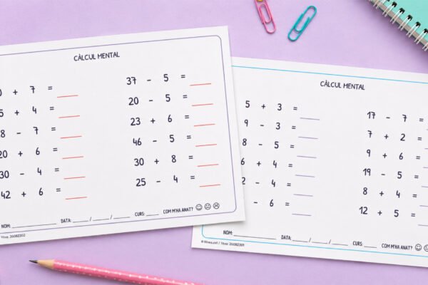 Fitxa de càlcul mental amb sumes i restes senzilles, per a 2n de Primària en català.