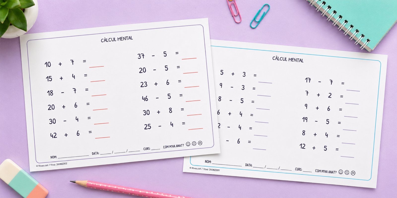 Fitxa de càlcul mental amb sumes i restes senzilles, per a 2n de Primària en català.