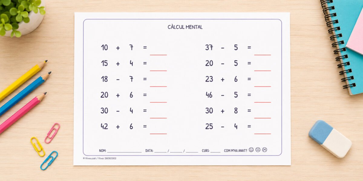 Fitxa de càlcul mental amb sumes, restes i multiplicacions, per a 3r de Primària en català.