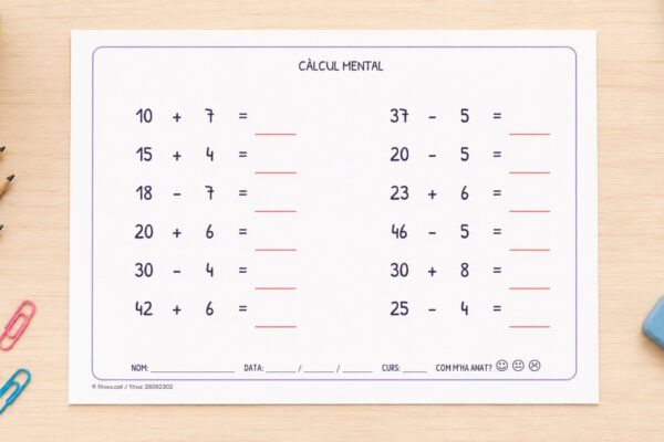 Fitxa de càlcul mental amb sumes, restes i multiplicacions, per a 3r de Primària en català.