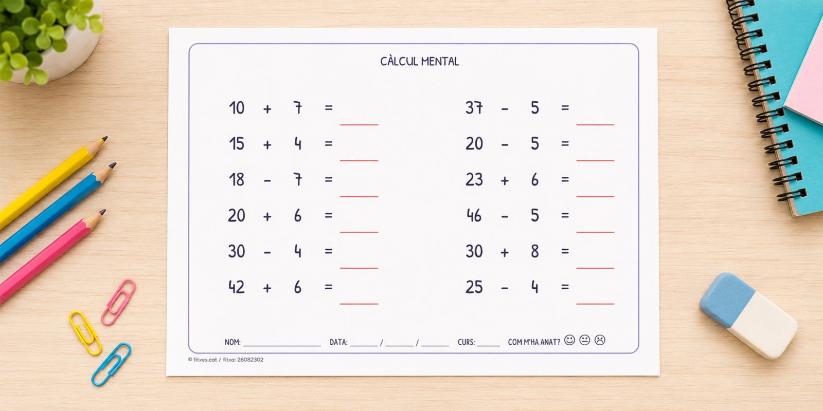 Fitxa de càlcul mental amb sumes, restes i multiplicacions, per a 3r de Primària en català.